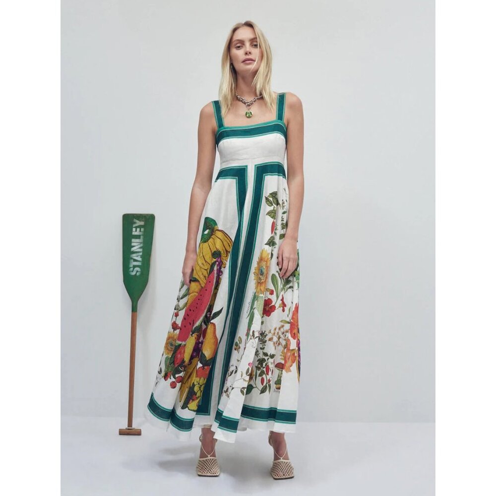 NWT Alemais Frutta Midi Sun Dress White Green Floral Fruit Stripe Linen AU 8 US4 - Picture 2 of 16